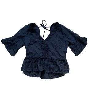 Abercrombie & Fitch Womens Medium Black Eyelet Lace V-Neck Blouse With 3/4 Sleev